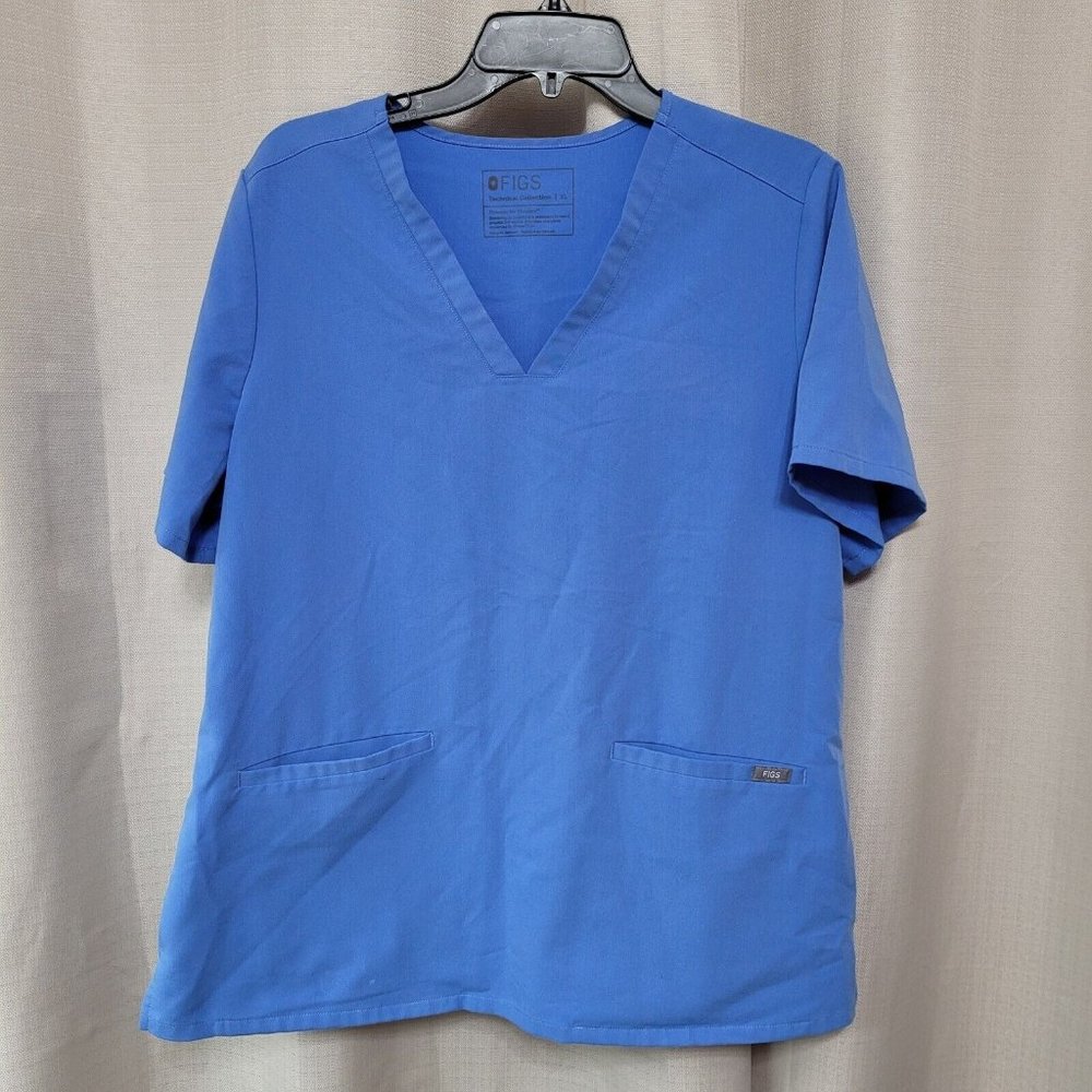 Figs Casma 3 Pocket V-Neck Short Sleeve Scrub Top Women's Sz XL Blue Darted Back